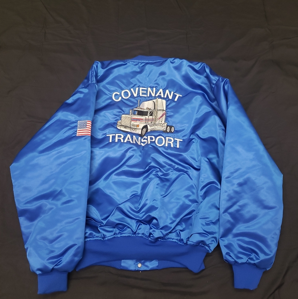 Vtg Covenant Transport Trucker Satin Jacket USA